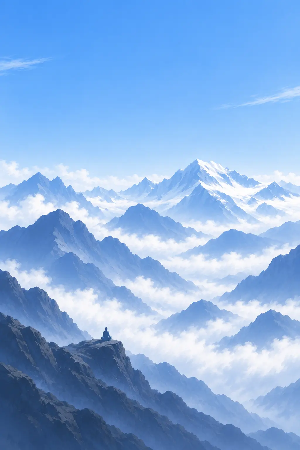 A small figure sits in meditation on a ridge above a sea of cloud