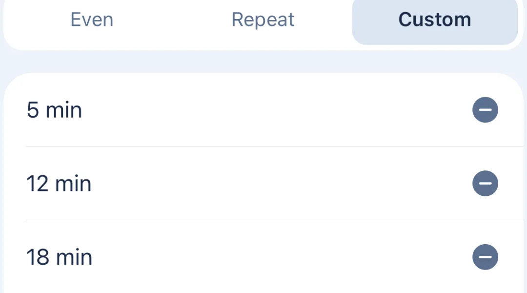 Yoin’s interval bells set to Custom, with bells at 5, 12 and 18 minutes